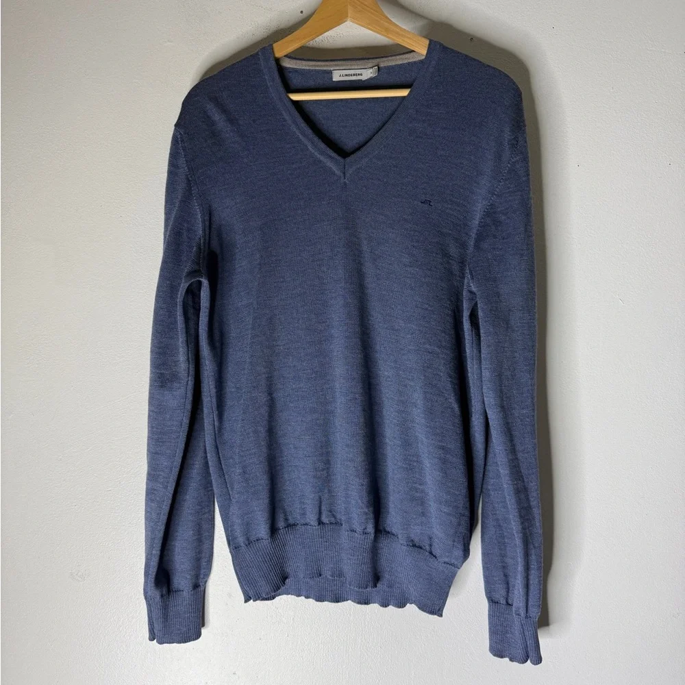 j lindeberg‎ Merino Wool V Neck Sweater Blue Size Medium Preppy